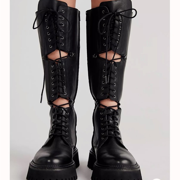 Free People Womens Miller Cut Out Lace Up Knee High Leather combat Boots Black - Picture 3 of 9